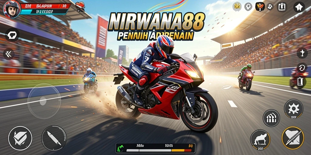 Screenshot gameplay NIRWANA88 menampilkan aksi balapan motor yang intens.