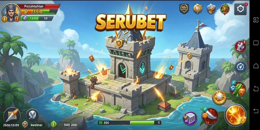 Screenshot gameplay <strong>SERUBET</strong> menampilkan aksi pertahanan menara yang mendebarkan.