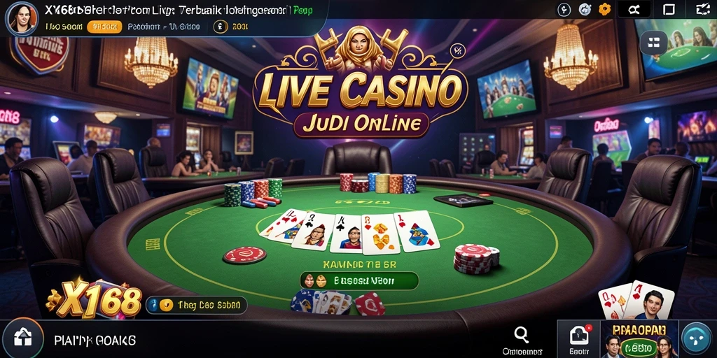 Screenshot gameplay X168 menampilkan dealer langsung dan suasana kasino yang hidup.